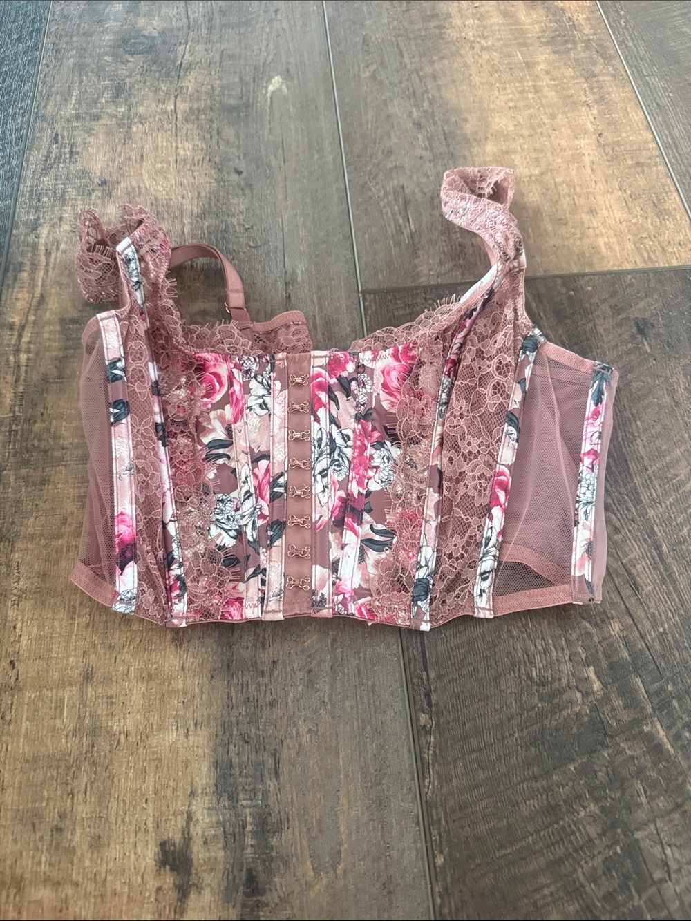 Victoria's Secret Rose-Print Lace Bustier in Mauve and Pink